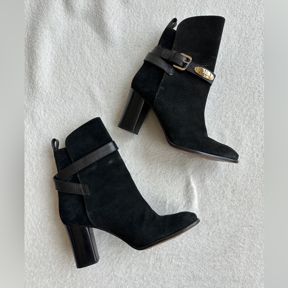 Tory Burch Robynne Black Suede Heel Boots‎ with Gold Buckle Size 8 M - Picture 3 of 12